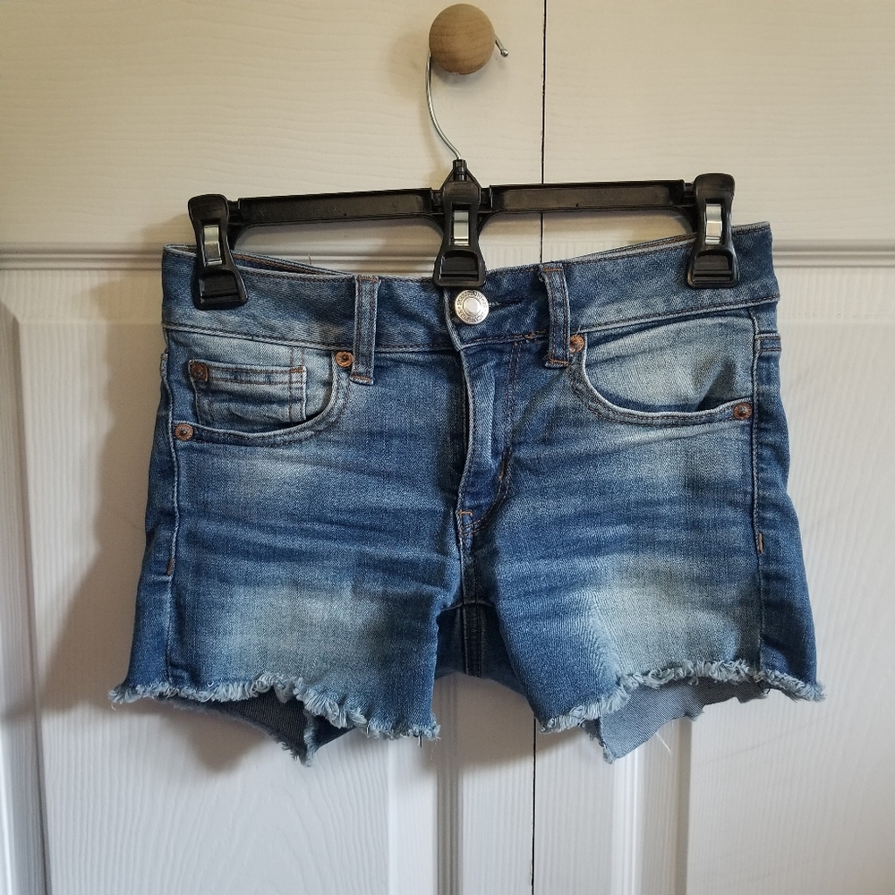 American Eagle Women's Jean Shorts 00 Blue Cutoffs Distressed Fringe